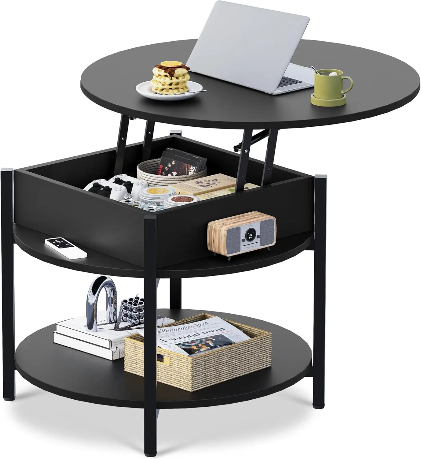 

Round Lift Top Coffee Table with Storage Shelf and Hidden Compartment, Farmhouse Small 2 Tier for Living Room and Home Office
