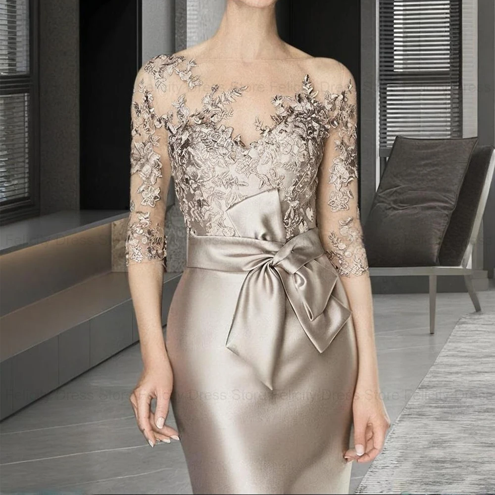 FELICITY Aangepaste elegante moeder van de bruidjurk schede strikapplicaties satijn korte bruiloftsgast feestjurken avondjurken