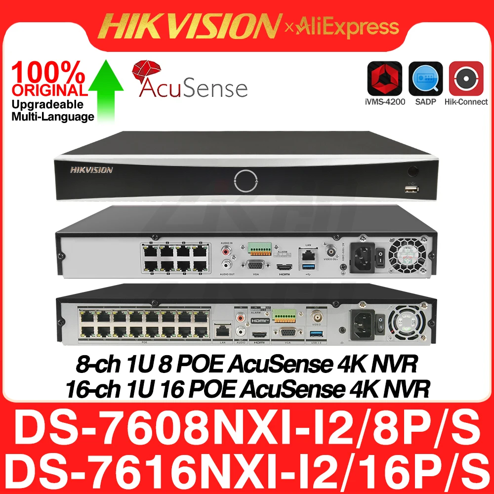 Hikvision 4K NVR DS-7608NXI-I2/8P/S DS-7616NXI-I2/16P/S 8/16CH 8/16POE Acusense 2 SATA AI By Camera/NVR Network Video Recorder