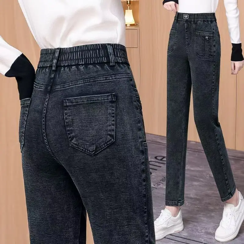 

High Waist Fleece Lined Women's Jeans Autumn Winter 2025 New Versatile Slimming Elastic Pencil Pants Ladies Long Trousers