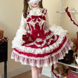 Victorian Sweet Lolita Lace Ruffles Flower Wedding Bow Jsk Dress Women Kawaii Cute Japanese Vintage Ball Gown Princess Dress