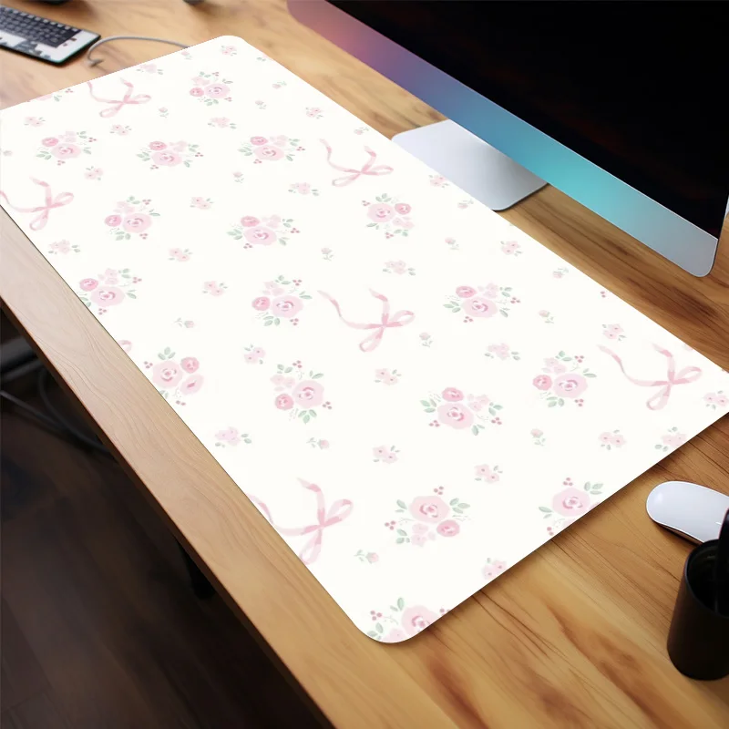 Light Pink Lovely Flower Green Leaves Bow Aesthetic Large Gaming Mouse Pad Non-slip Office Accessories Birthdaye Tens Friends