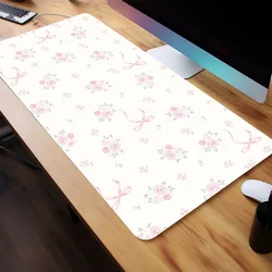 Light Pink Lovely Flower Green Leaves Bow Aesthetic Large Gaming Mouse Pad Non-slip Office Accessories Birthdaye Tens Friends