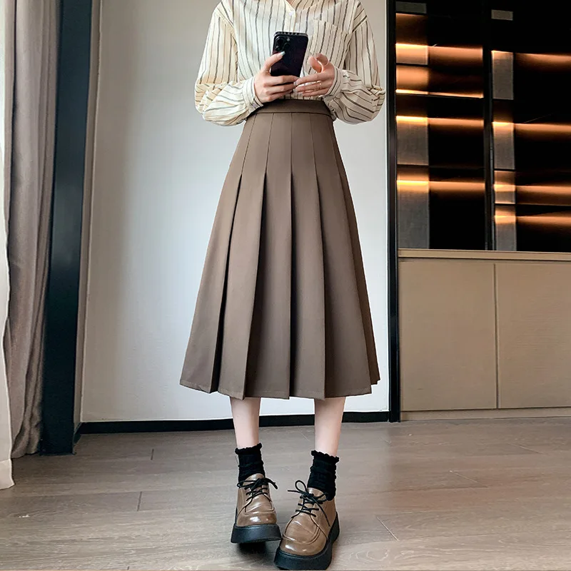 2023 Skirt Women Spring Autumn Retro Mid Length High Waist Pleated Skirts Polyester Fiber Wrinkle Resistant French Style Skirt