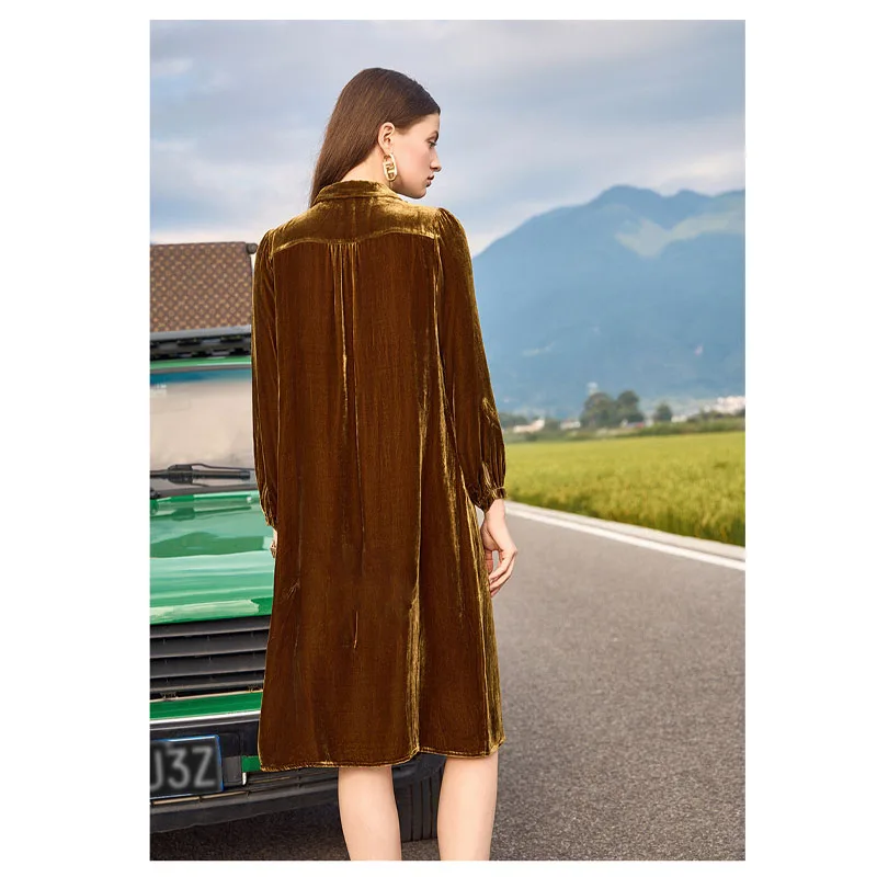 Fengbaoyu High-end Autumn Winter Silk Velvet Dress Women's Shirt Collar Long Single-breasted Cardigan Skirt Coffee Color Casual