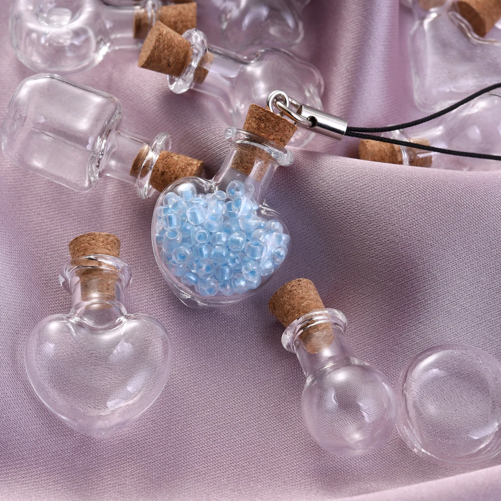 10 Stück Kleine Klare Glas-Wunschfläschchen mit Holzverschlüssen, Gemischte Formen, Mikrobehälter für Schmuckdekoration und Präsentation – Detail 4