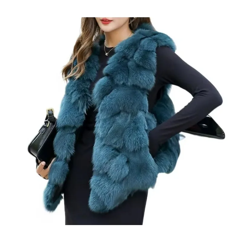 

Women's Fox Fur Vest, Loose, Short, Keep Warm Waistcoat, Casual, Monochromatic, V-Neck, Outerwear, Fashion, Autumn, Winter, New