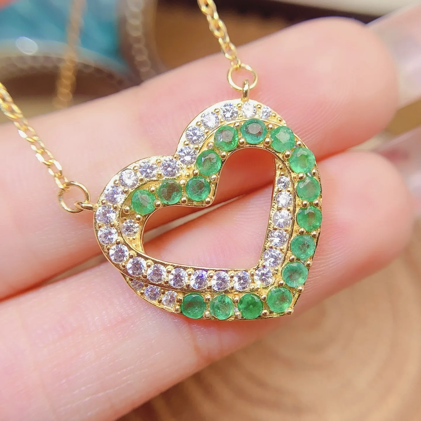 Natural Emerald Heart Pendant Necklace 2mm Round Cut S925 Silver with CZ Accents
