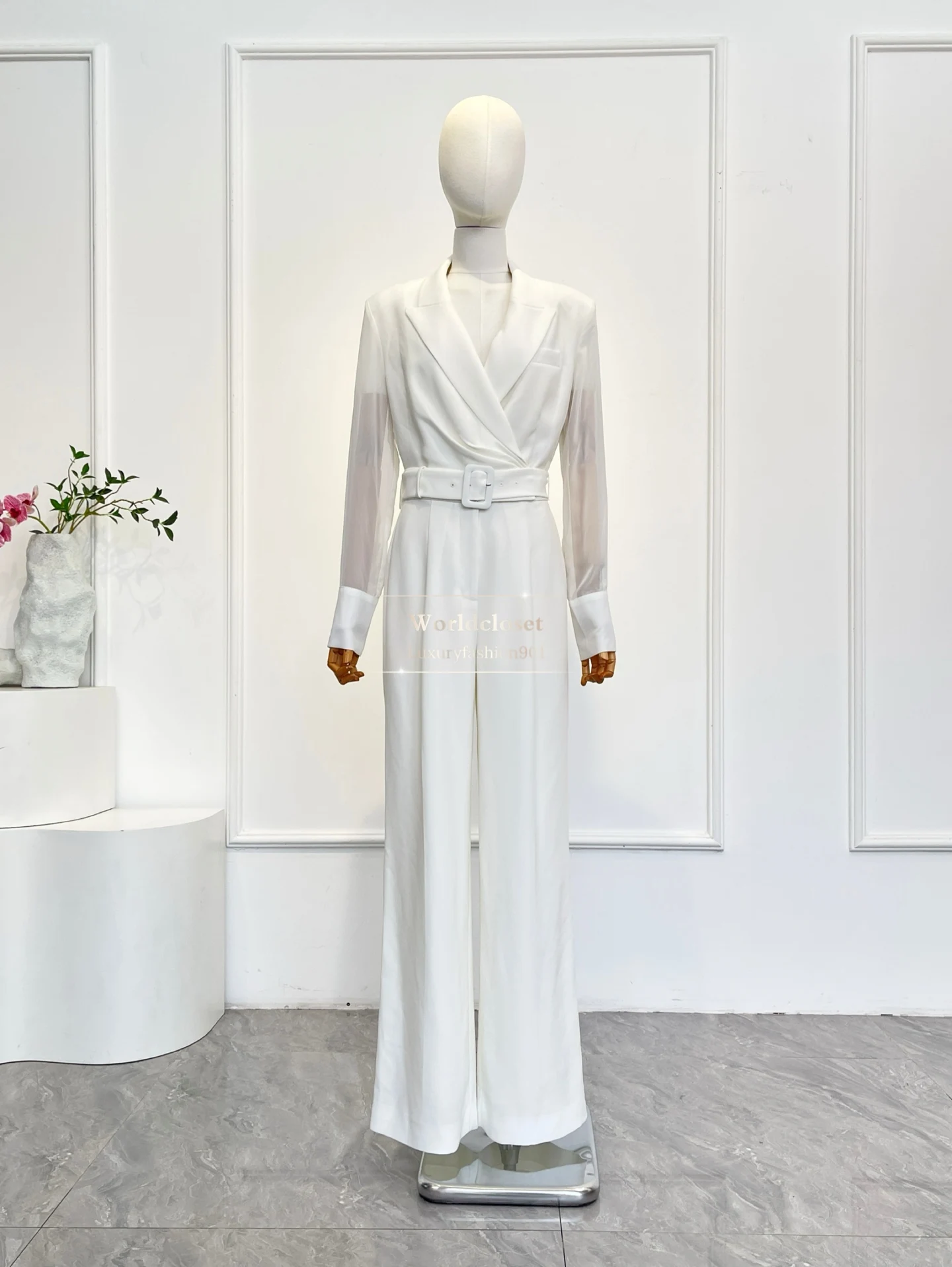 

White Turn Down Collar Sheer Chiffon Long Sleeves Back See Through Elegant Office Outfit Jumpsuit