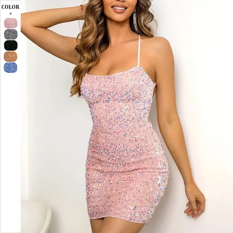 

2025 Spring Summer New Fashion French Sequin Women Strap Skirt Tight Bareback Short Skirts Party Female Dress