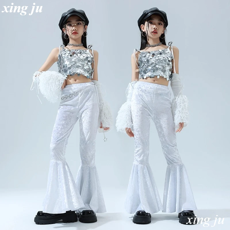 Children Jazz Dance Silver Sequined Sling Tops Girl Street White Tight Flared Trousers Kids Hip Hop Stage Performance Costume