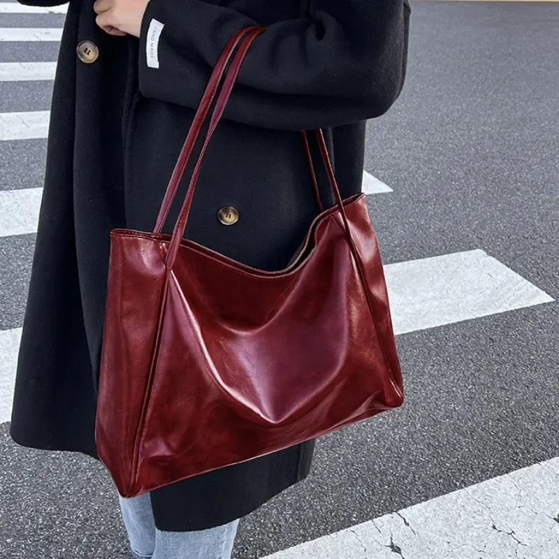 2023 Casual PU Leather Large Capacity Tote Bags for Women Fashion Solid Retro Color Zipper Female Shoulder Bag Ladies Handbag