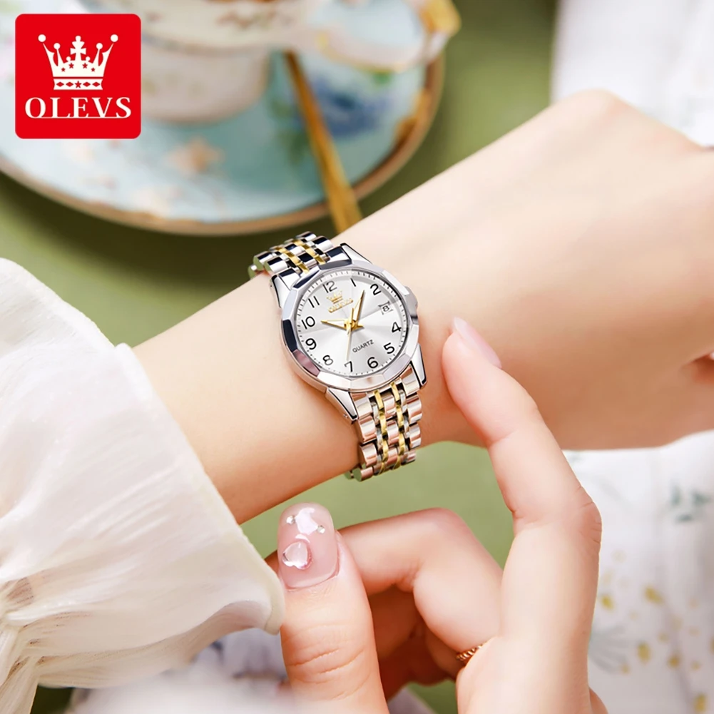 OLEVS 9970 Quartz Watch for Women Rhombus Mirror Solid Stainless steel Strap Dual Calendar Display Digital Dial Ladies Watch Set