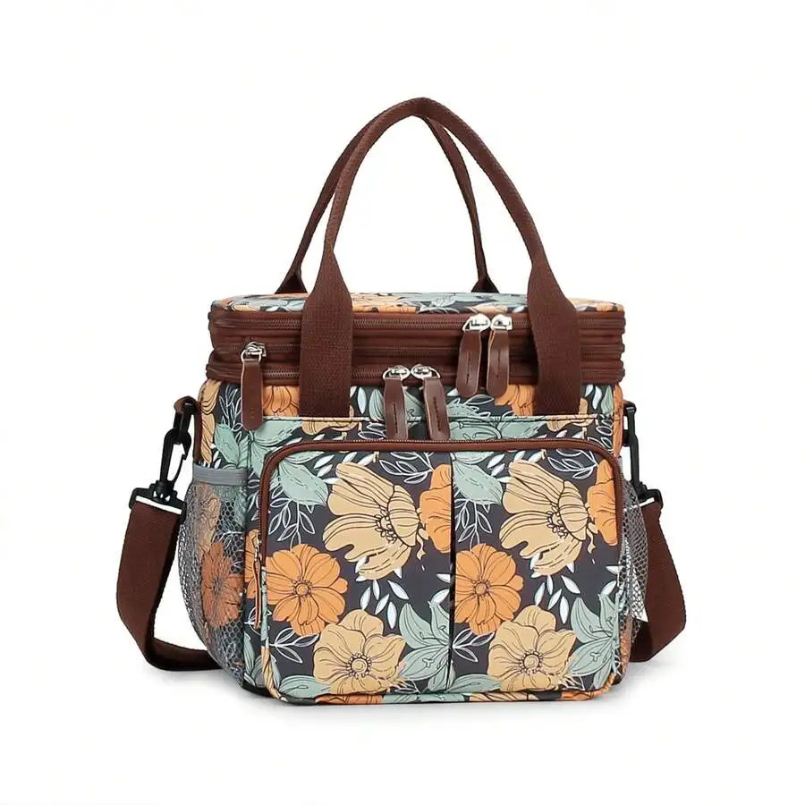 Leakproof Lunch Box Cooler Bag For Women Men Double Deck Lunch Box,Expandable Large Lunch Bags,Reusable Adults Floral Lunch Tote