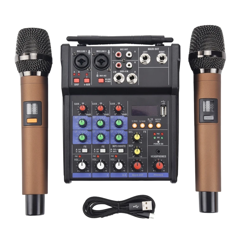 

4 Channel Audio Mixer Console With Wireless Microphone Sound Mixing With Bluetooth USB Mini Dj Mixer+Wireless Karaoke