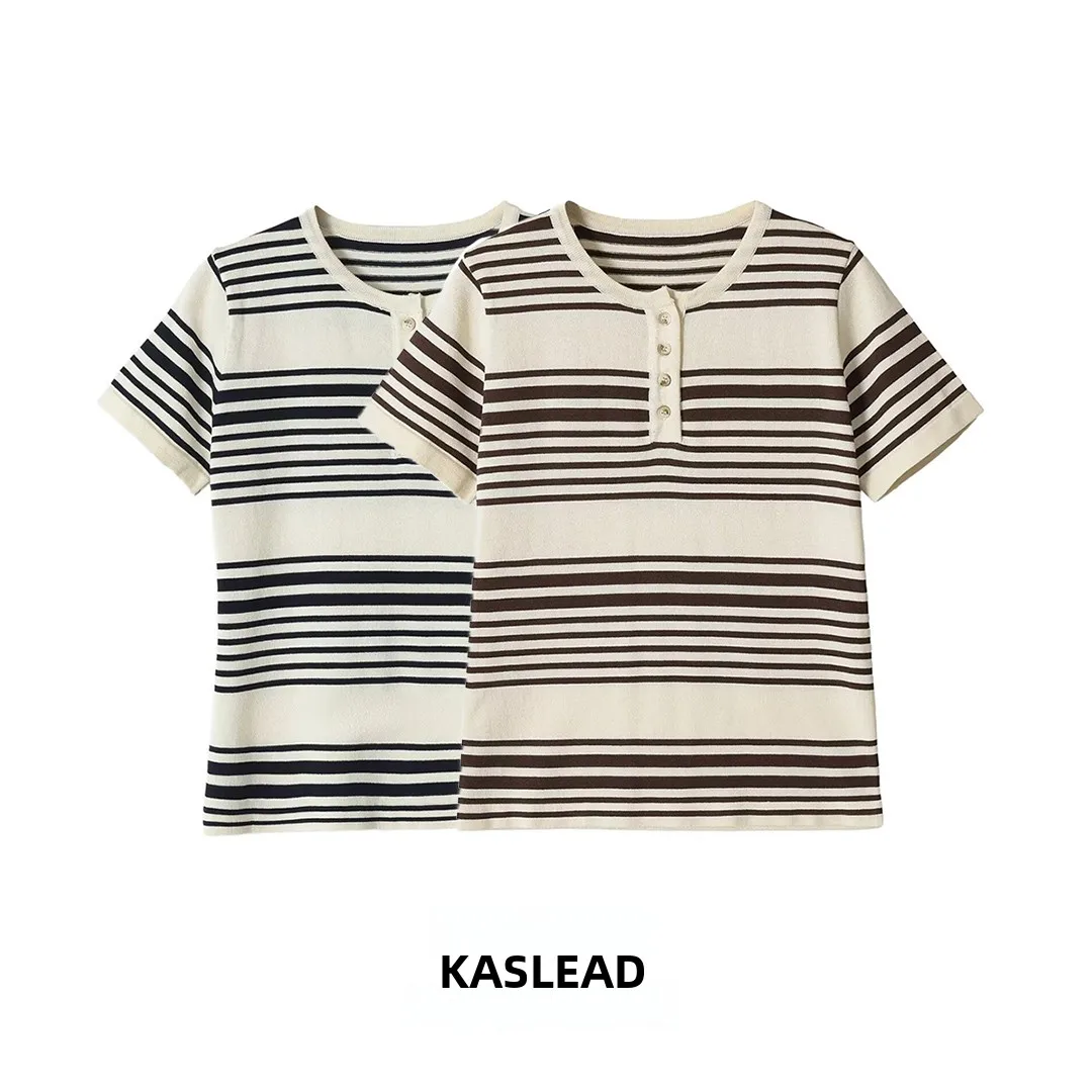 KASLEAD Fashionable Striped Button Neck T-shirt Women's Simple Style Short Sleeve Polyester Summer Streetwear 1198017