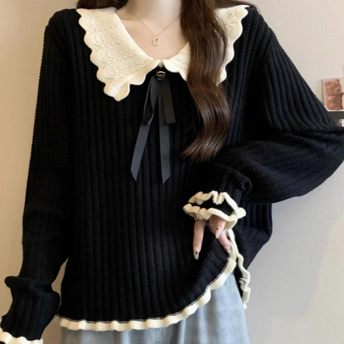 

Очень большой размер, 300 Pou, милый вязаный джемпер с воротником-стойкой, осенний, модный, с длинными рукавами, топ-хенли