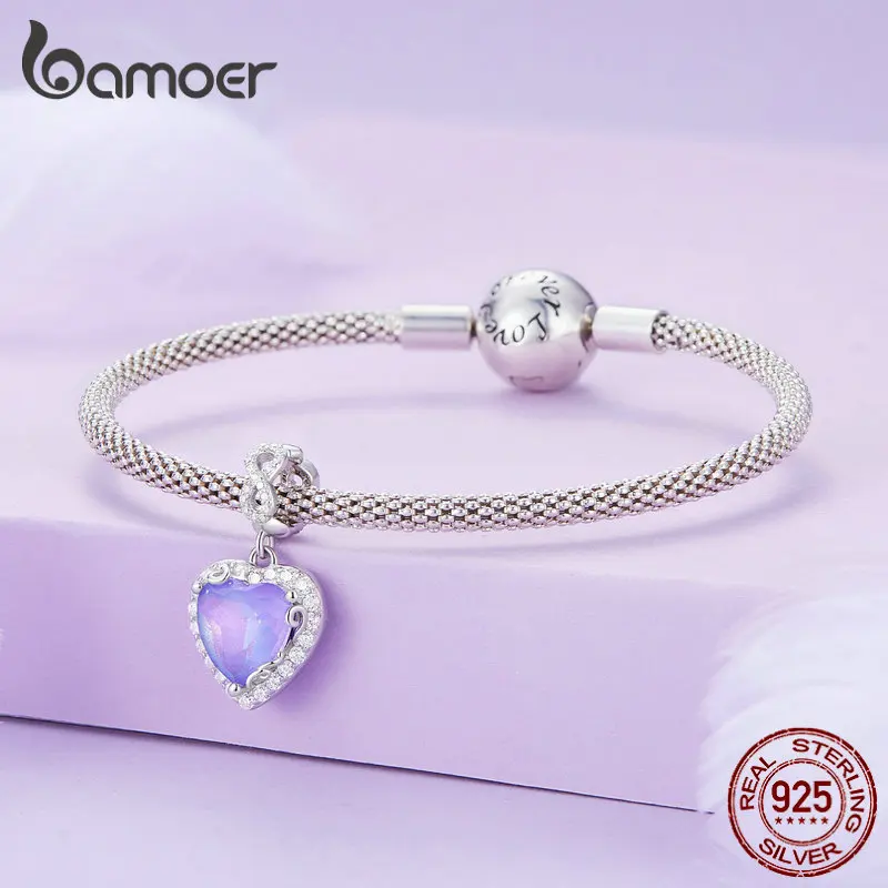 Bamoer 925 Sterling Silver Infinite Love Bead Purple Heart Zircon Charms for Women Bracelet and Necklace DIY Fine Jewelry image 5