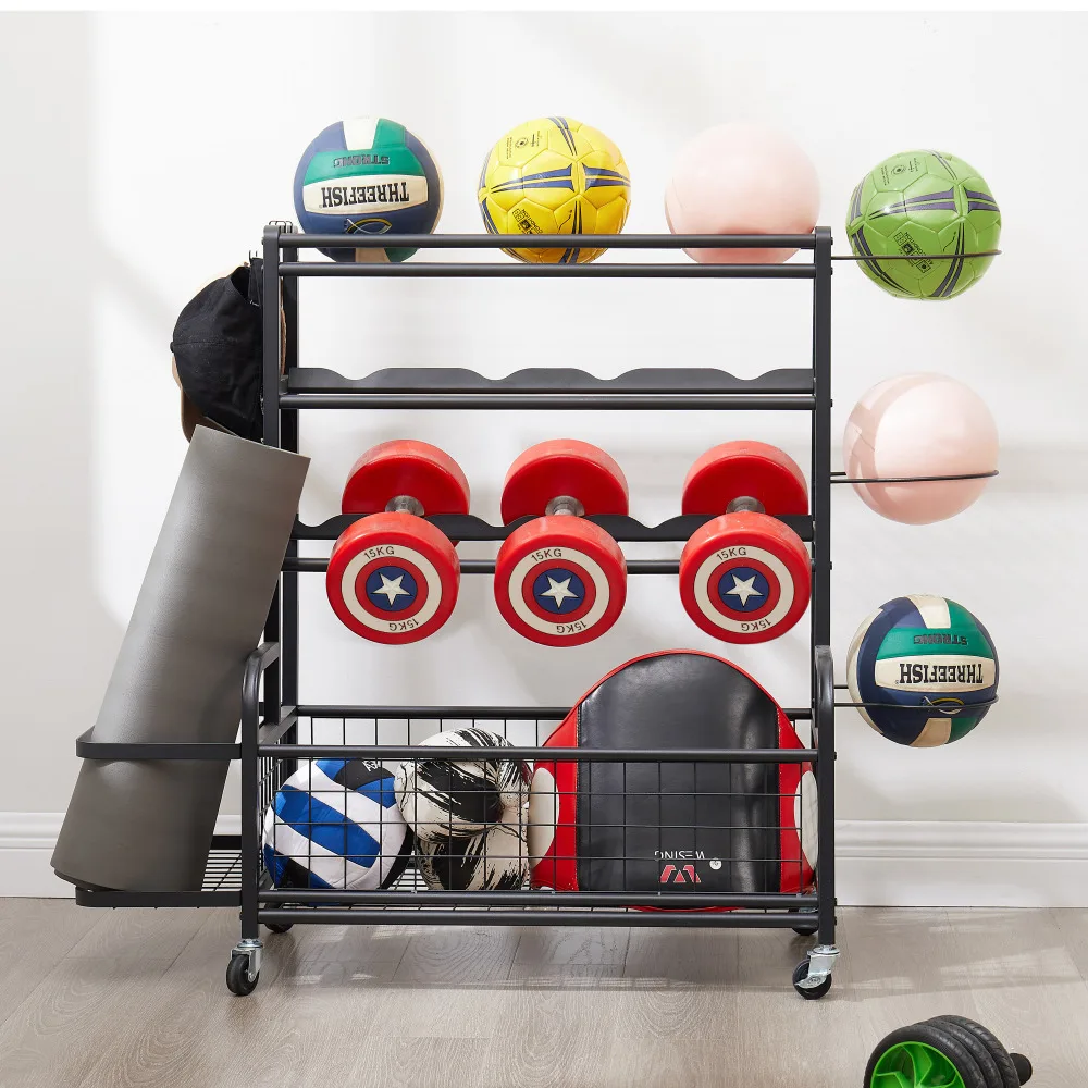 4-Tier Metal Storage Organizer Rolling Wheels for Basketball Sports Equipment Organizer for Yoga Mat Larger Ball Storage Rack