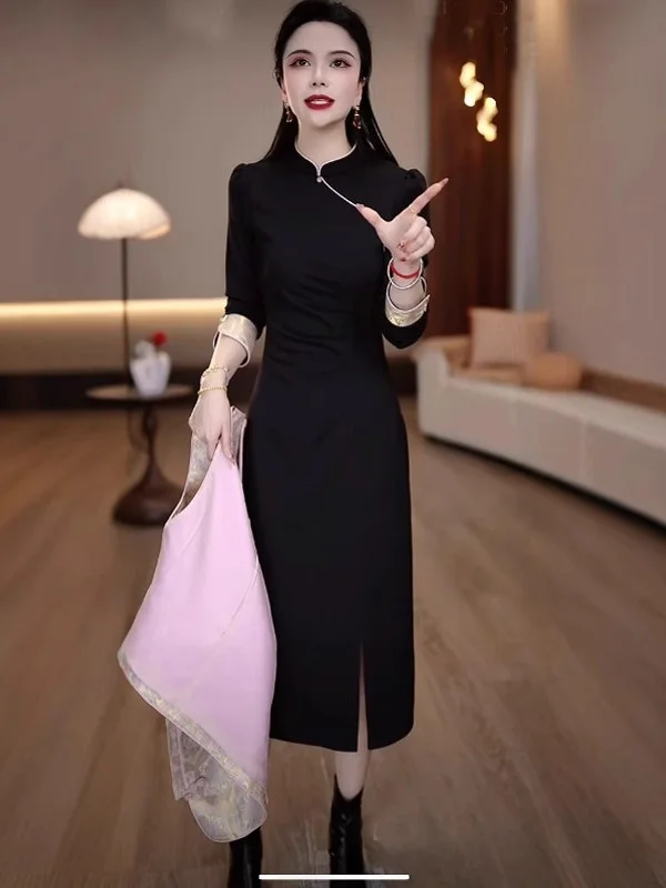New Chinese Style Precision Weave Two-Piece Set National Trend  Dress Women Polyester Fiber Seven Sleeve Button Wear