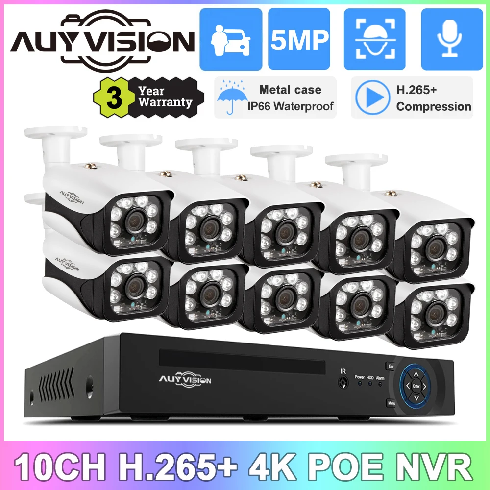 10CH POE NVR Kit Outdoor CCTV Security System 5MP Audio Face/Human/Car Detect IP Camera Video Surveillance Camera System Set