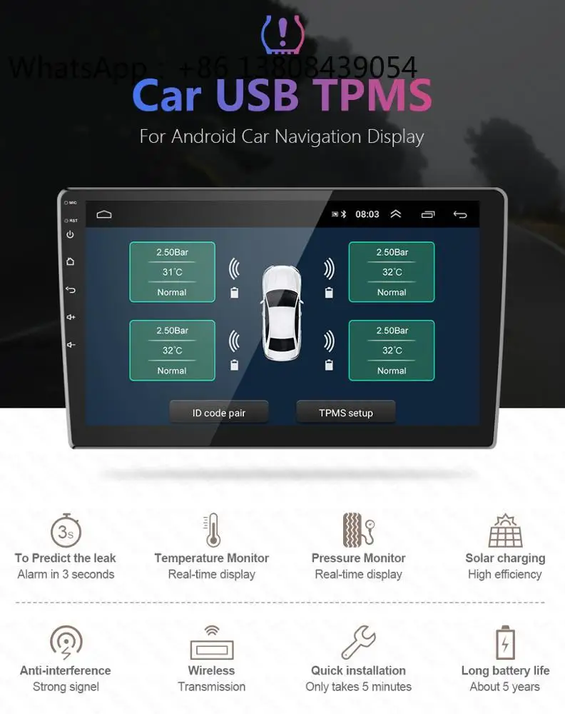 USB Android TPMS Tire Pressure Monitoring System Display Alarm System 5V External Internal Sensors Android Car Radio 4 Sensors