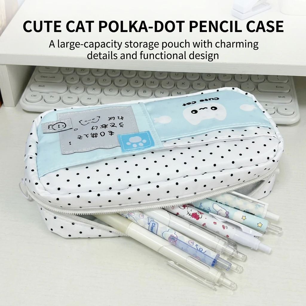 INS polka dot Pencil Case Single Layer Stationery Storage Pouch School Students Korean Mint Blue Cute Cat Canvas Organizer Bag