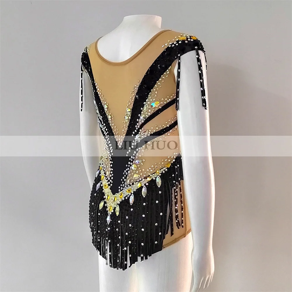 LIUHUO Body da Ginnastica Ritmica Personalizza Donne Adulte Ragazza Costume Concorso Prestazioni Vestito da Ballo Aerobica Nero Adolescenti