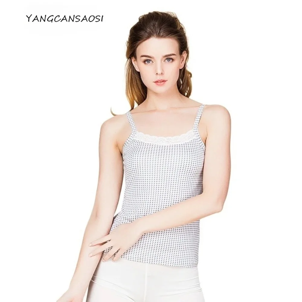 

Women's Casual Summer New 50% Natural Mulberry Silk 50% Linen Interior Knitted Lace Sleeveless Print Small Suspender Base Layer