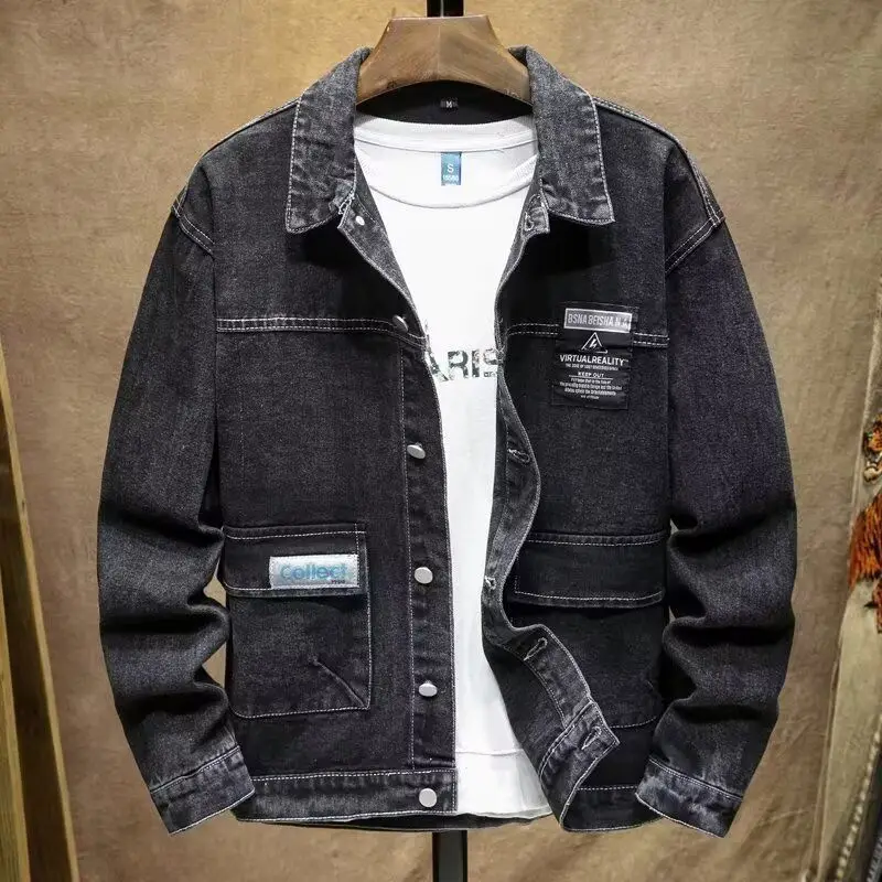 

Весенне-осенний мужской джинсовый джинсовый джинт, модная универсальная молодежная верхняя одежда Spirit Boy, длинная подставка, однотонный цвет