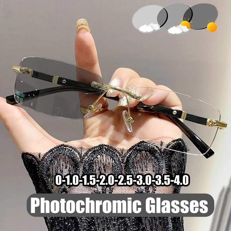 

Square Frame Photochromic Myopia Glasses Men Women Color Changing Minus Diopter Eyeglasses Rimless Vintage Near Sight Glasses