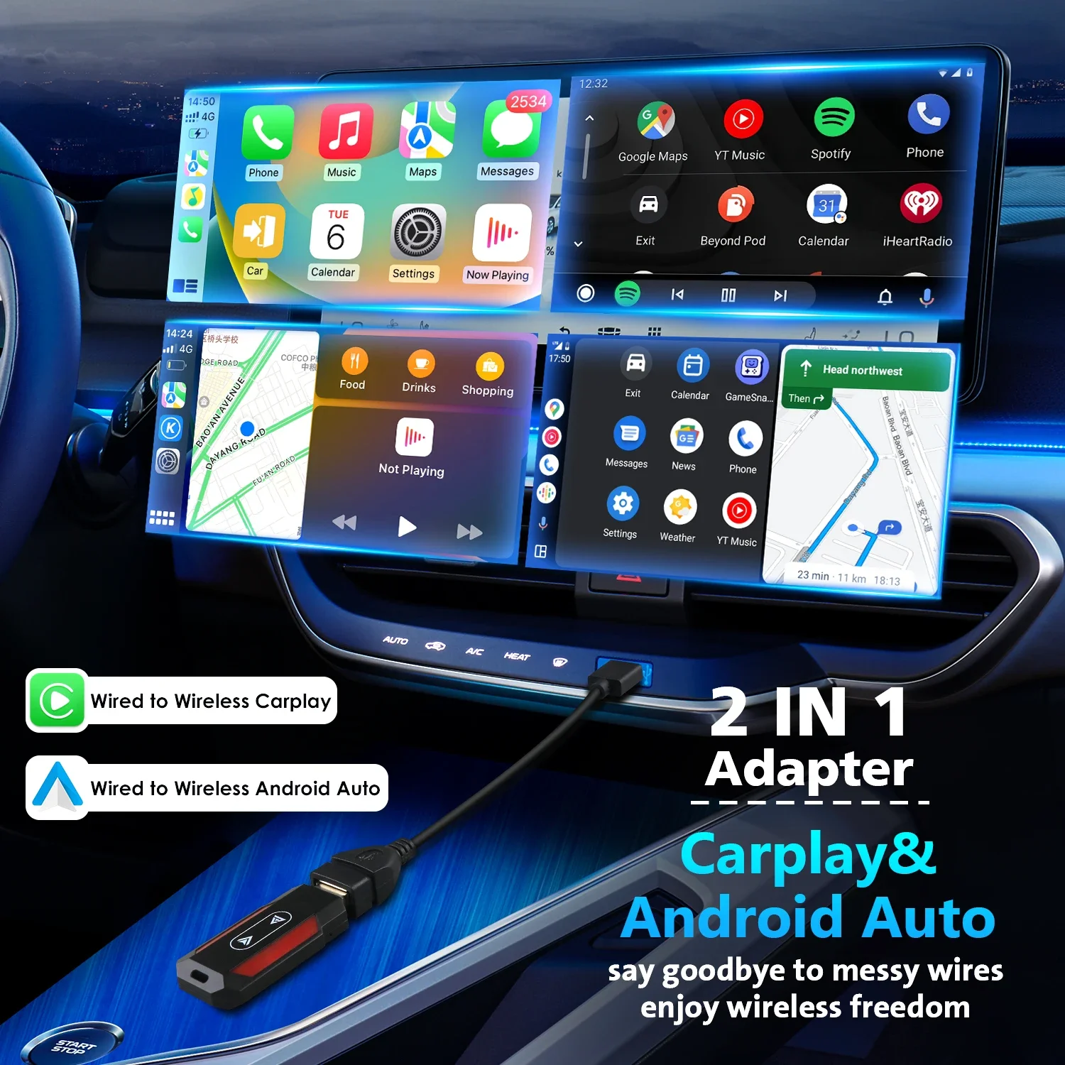 Hizpo Wired To Wireless CarPlay Android Auto Wireless Adapter Smart Dongle Plug and Play WiFi Fast Connect Universal Car Radio