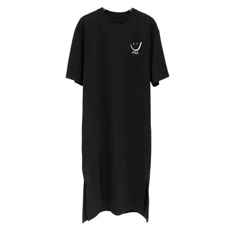 2025 Plus Size Summer Women's Smiley Side-Slit T-Shirt - Casual Loose Fit Dress