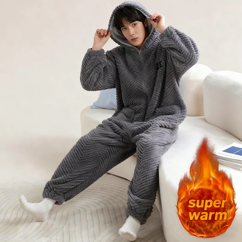 

Winter Home Onesie Flannel Pajama for Men 60-90kg Mens Japanese Thickened Plush Onesies Hooded Homewear Homewear for Boyfriend