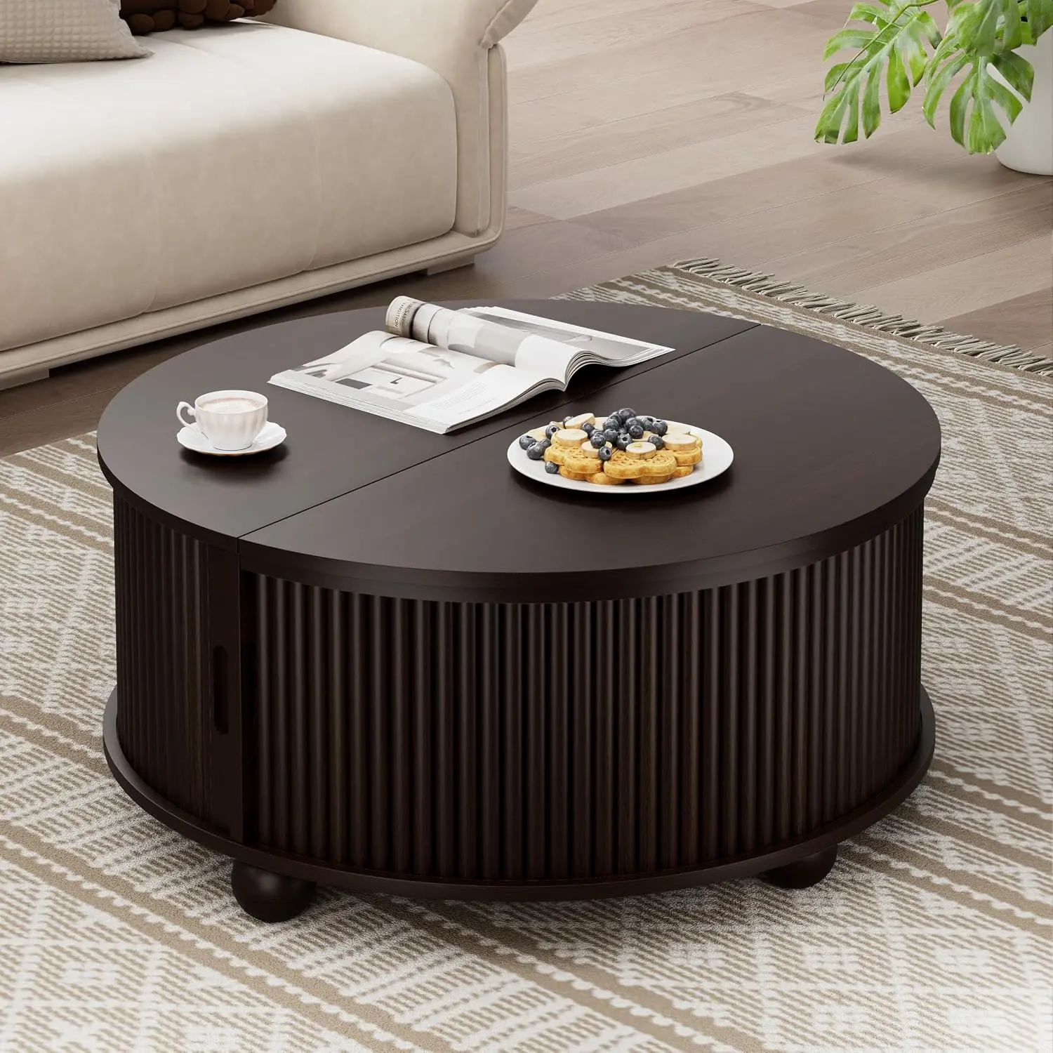 31.5 Inch Fluted Round Drum Coffee Table With Sliding Cabinet Door Storage Accent Side Table Suitable For Living Room Compact Small Apartment Space Dark Walnut Finish view 5