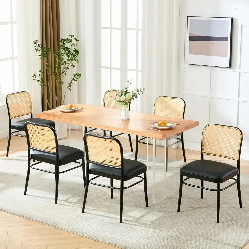 مجموعة كراسي تناول الطعام من الروطان مكونة من 6 قطع، كراسي طعام منجدة من الجلد الصناعي مع ظهر قصب، مطبخ وغرفة طعام حديثة في منتصف القرن C