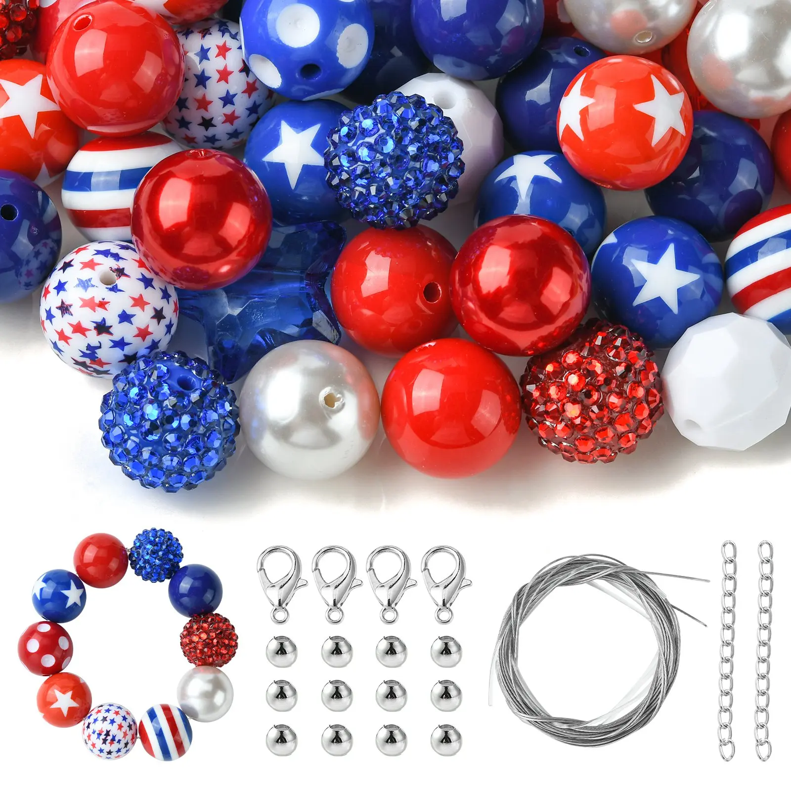 PandaHall 50 Stück Zufällige 20mm Acryl-Rundperlen Independence Day Rot Weiß Blau Abstandhalterperlen für Bastelarbeiten und Schmuckherstellung – Detail 1