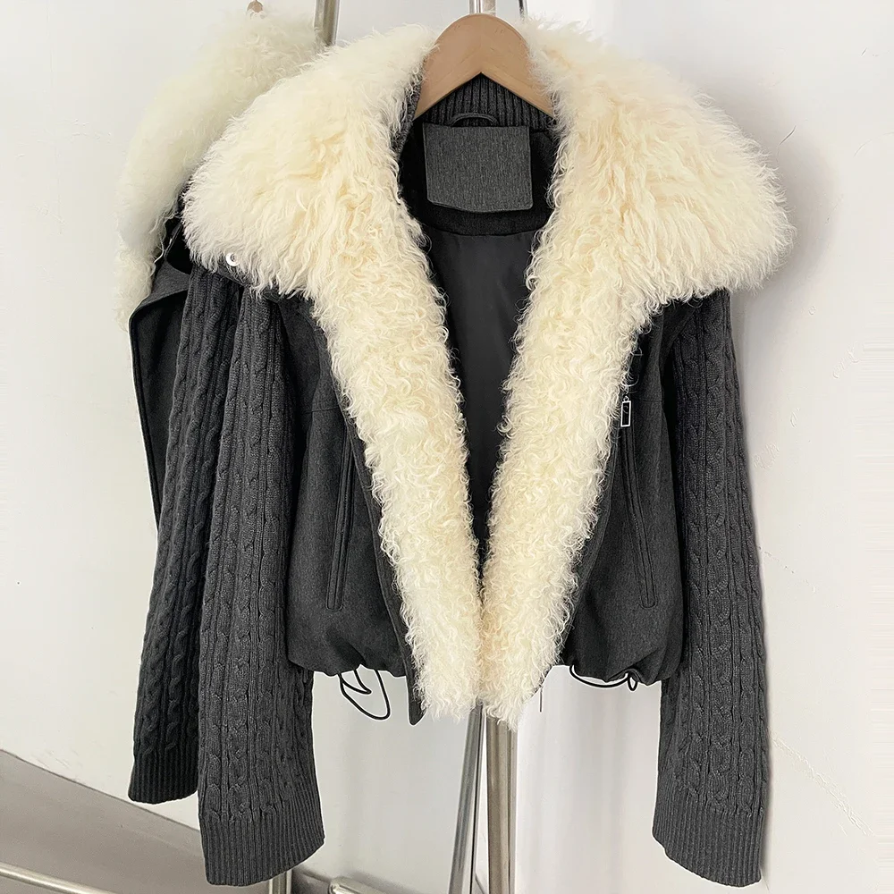 OFTBUY 90 Weiße Daunenjacke mit Strickärmeln, Reißverschlusstaschen, Kordelzug, Kurzer Mantel für Damen, Winter, Echte Lockige Lammwolle, Pelzkragen – Detail 8