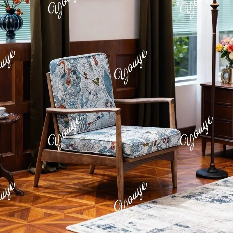 

J French Light Luxury Solid Wood Single Sofa Chair Printed Fabric Villa Living Room Bedroom Balcony Household Sofa Chair