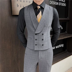 ( Vest + Pants ) Double Breasted Men's Casual Plaid Business Waist Coat and Trousers Stripe Solid Color Male Suit Vest