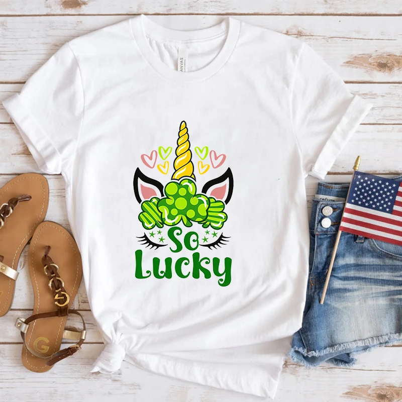 St. Patrick'S Day Unicorn So Lucky Printing T-Shirt Fashion Unisex Short Sleeve Summer Cool Hip Hop Top Tee