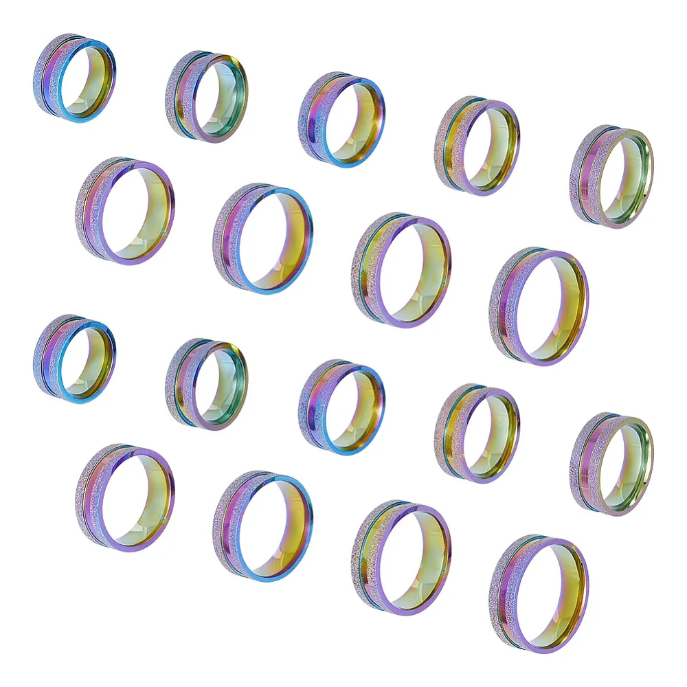 

18Pcs 9 Size 201 Stainless Steel Grooved Finger Rings Set for Men Women Rainbow Color Inner Diameter: 16~22.2mm Wide: 8mm