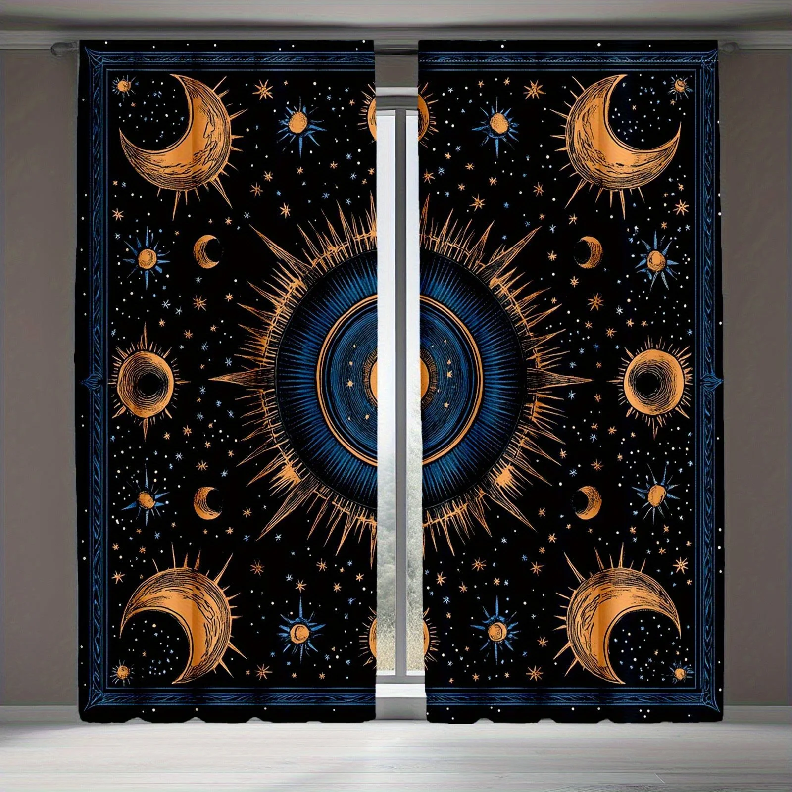 2pcs Bohemian Sun Moon Curtains - Glittering Stars & Galaxy Design, Black Polyester Light Blocking Drapes with Blue & Golden Acc