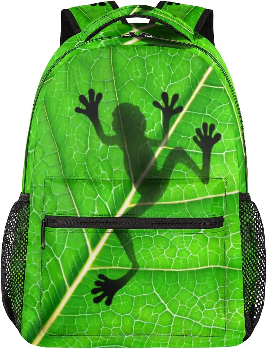Green Frog Daypack Backpacks 16 Inch Bookbags for Students, Frog School Backpack Laptop Shoulder Bag Daypack for Travel