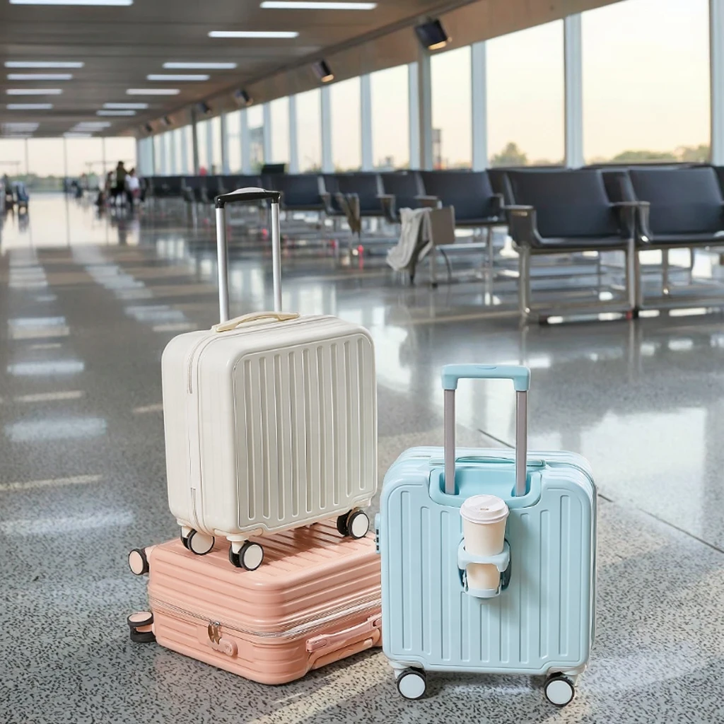 ABS + PC travel bag trolley case 4 rotating wheel luggage with cup holder cabin rolling wholesale luggage