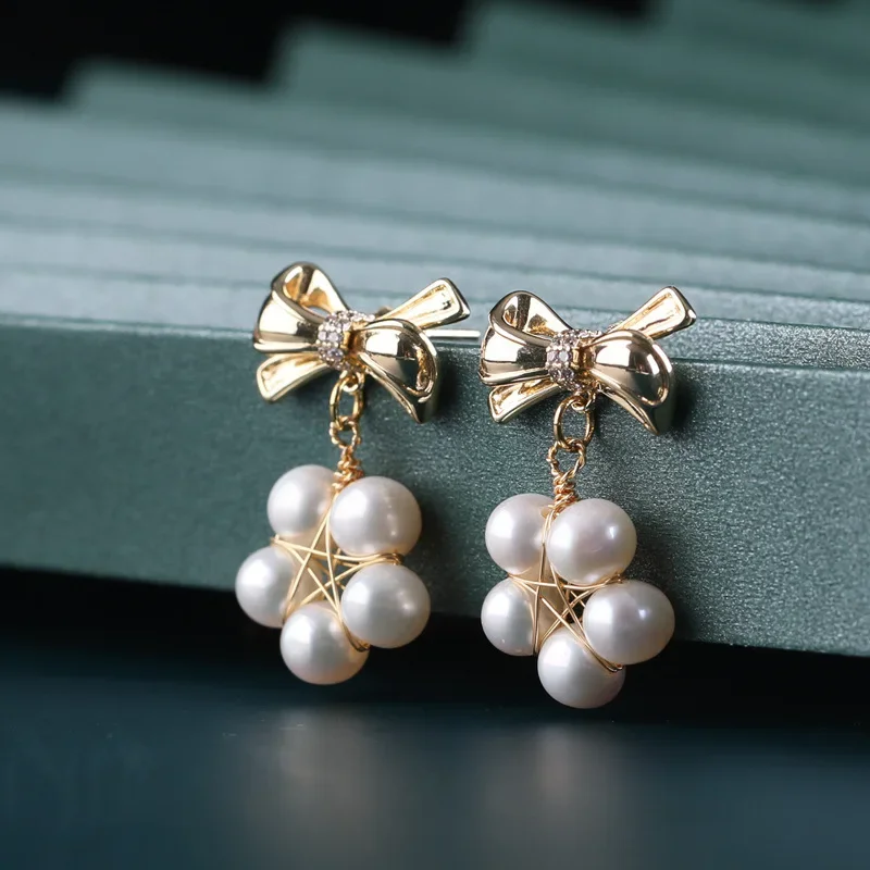 Silver Ear Studs with Handmade Wire-wrapped Bowknot Gold-plated Stars Inlaid Natural Freshwater Pearl Drop Earrings for Women