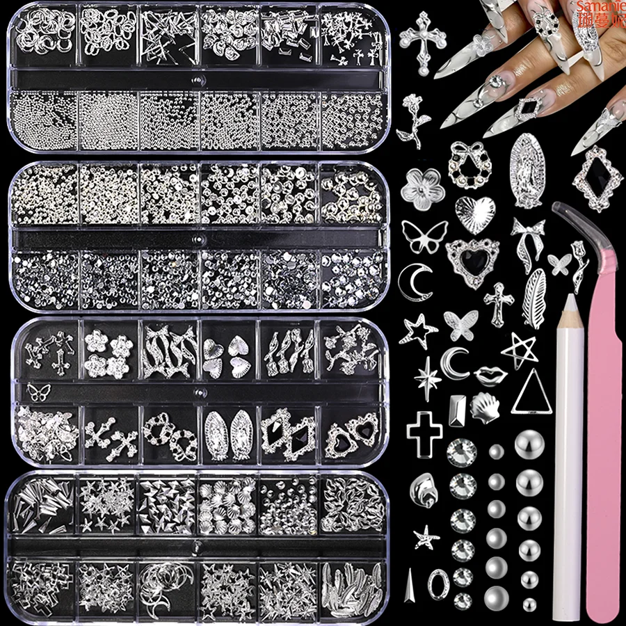6 Boxes Silver Metal Nail Charms Kit, Rhinestone Pearl Nail Studs with Pickup Pen for Nail Art DIY Craft