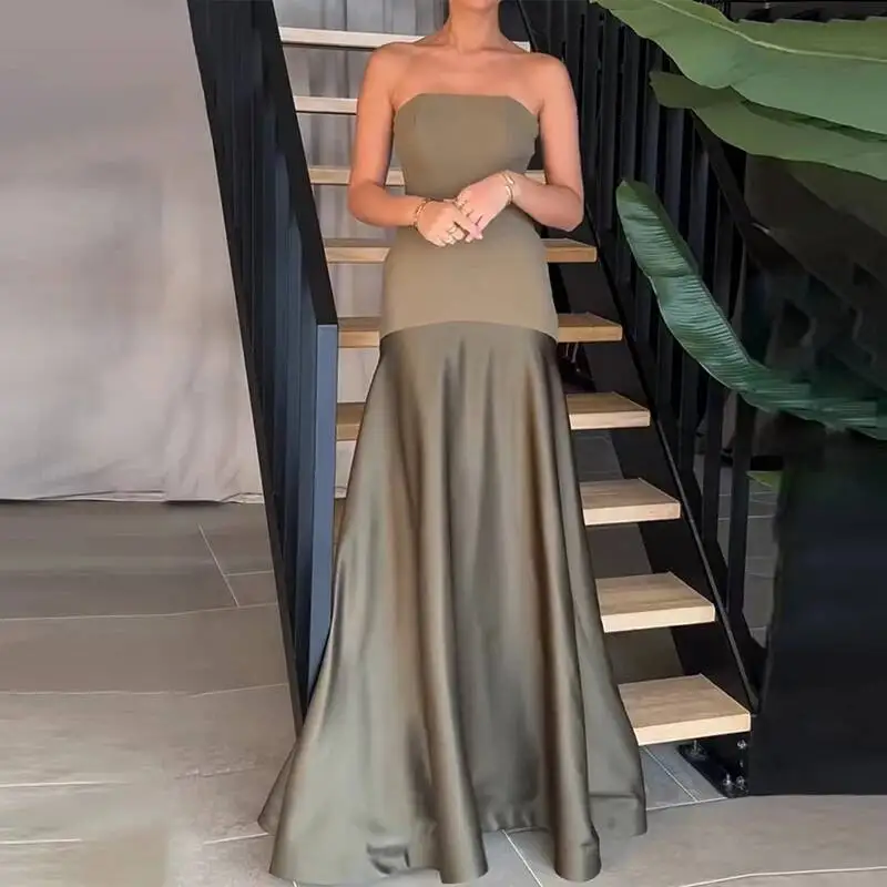 Women Patchwork Slim Evening Chic Thin Satin Big Hem Backless Sleeveless Party Gowns Elegant Dress