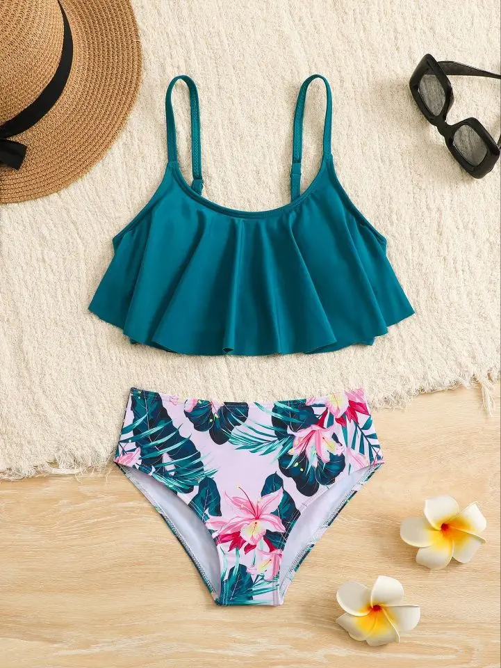 7-12 anni ragazze bambini vita alta volant costumi da bagno estate spiaggia bambini costume da bagno stampa Biquini adolescenti costume da bagno Bikini rosa Set