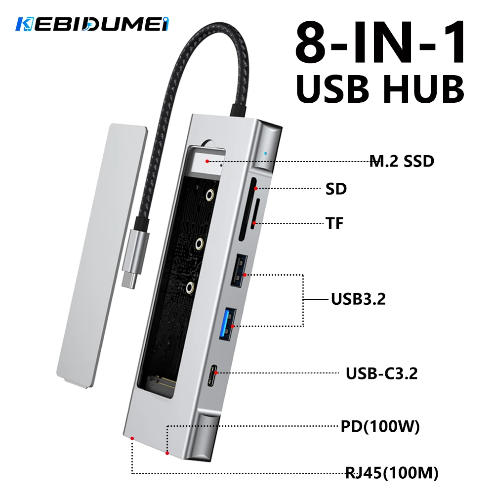 KEBIDUMEI 8-in-1 M.2 SSD Docking Station with Disk Storage 10Gbps USB 3.2 HUB USB C To SATA+NVME HDMI Adapter For Laptop Macbook